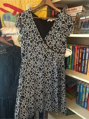 LOFT Black and White Floral Wrap Mini Dress